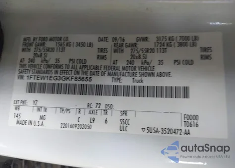 2016 Ford F-150 Xlt из США, поврежденный, VIN 1FTEW1EG3GKF85655